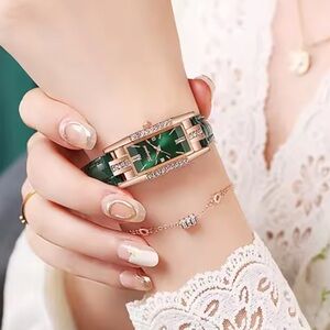 Elegant Green & Red Rectangle Watch – Women’s Luxury Crystal Leather Strap